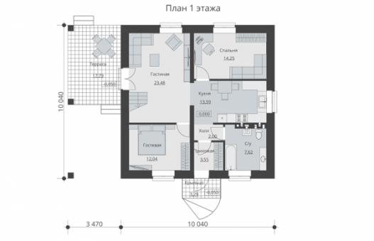 Проект одноэтажного дома с мансардой, навесом и террасой