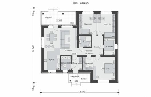 Одноэтажный дом с террасой и тремя спальнями